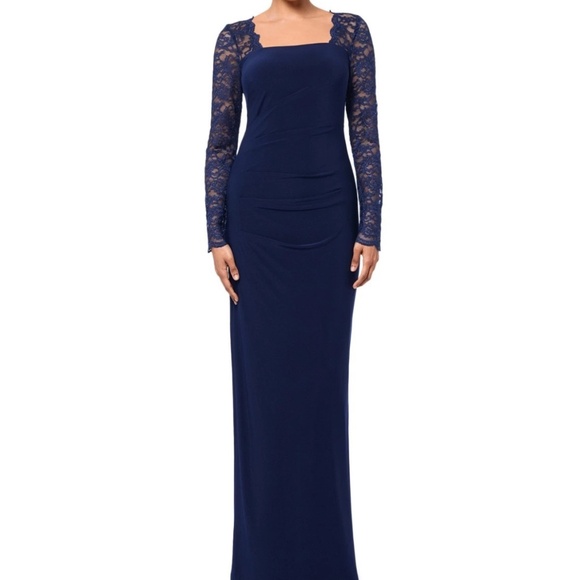 B&A By Betsy & Adam Lace-Sleeve Square-Neck Gown Women's 14 Navy Zip Closure~ - Picture 1 of 15